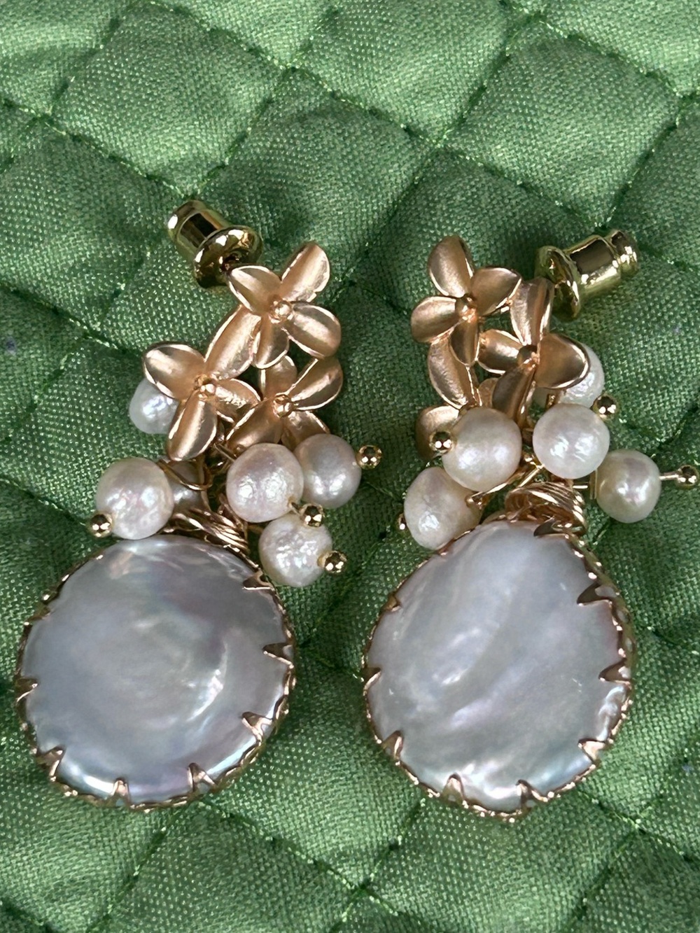Gold Floral Pearl Drop Earrings with White Mother-of-Pearl Discs